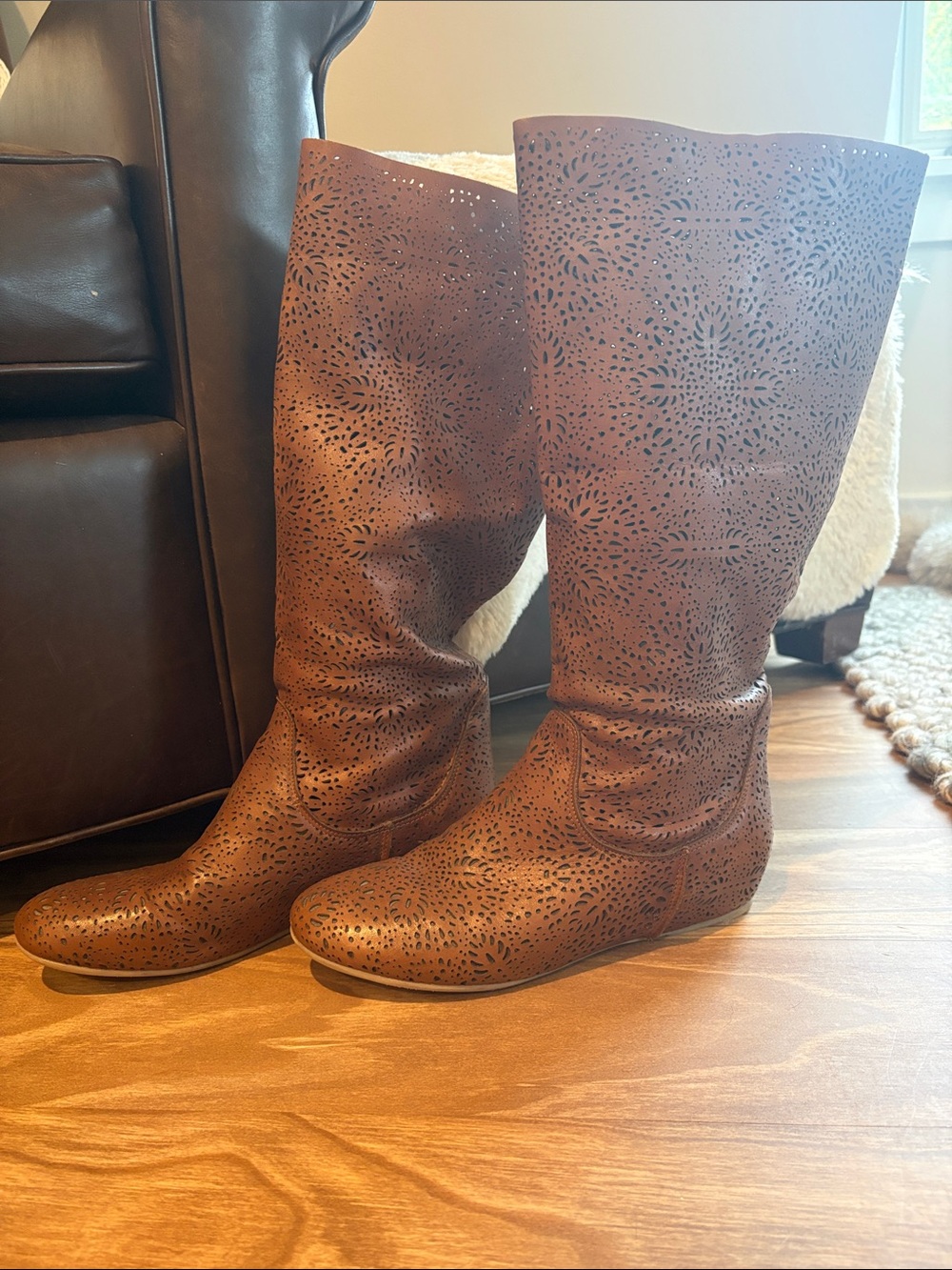 sundance boutique Brown Perforated Knee-High Heeled Boots